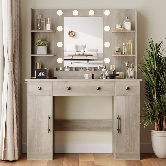 Makeup Vanity Desk with Mirror and Lights, 43" Grey Vanity Set with 3 Drawers, Power Outlet & Adjustable RGB LED Lights, Dressing Table with Storage Shelf for Women & Girls Bedroom