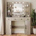 Makeup Vanity Desk with Mirror and Lights, 43" Grey Vanity Set with 3 Drawers, Power Outlet & Adjustable RGB LED Lights, Dressing Table with Storage Shelf for Women & Girls Bedroom