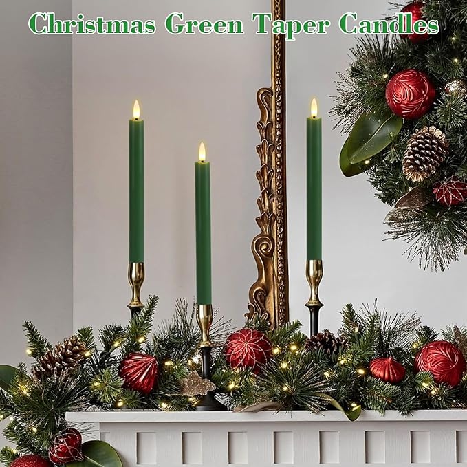 GenSwin FlamelessTaper Candles Flickering with 10-Key Remote, Battery Operated Led Warm 3D Wick Light Window Candles Real Wax Pack of 3, Christmas Home Wedding Decor(Green, 0.78 X 9.64 Inch)