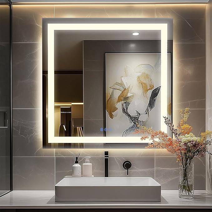 Antok 36"x 36" LED Bathroom Mirror with Lights, Anti-Fog, Dimmable, Lighted Vanity Mirror with Tempered Glass, Memory Function, 3 Light Modes, Safe Use, Horizontal, Vertical, Wall Mount