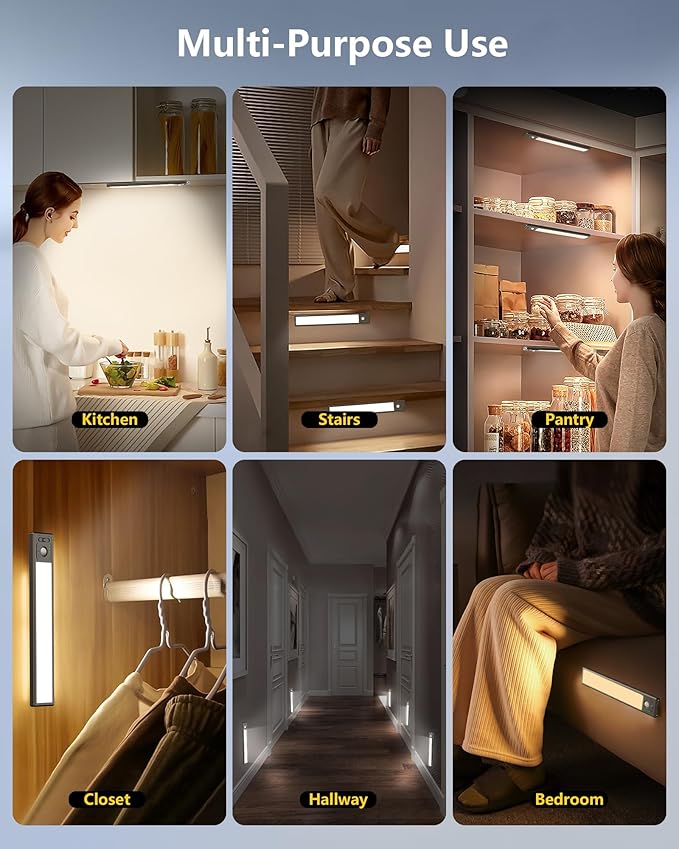 OTWKAY 10.5inch Under Cabinet Lighting with 3 Color Temps, 2 Pack Rechargeable Motion Sensor Lights Indoor, Dimmable Under Counter Lights for Kitchen, Closet