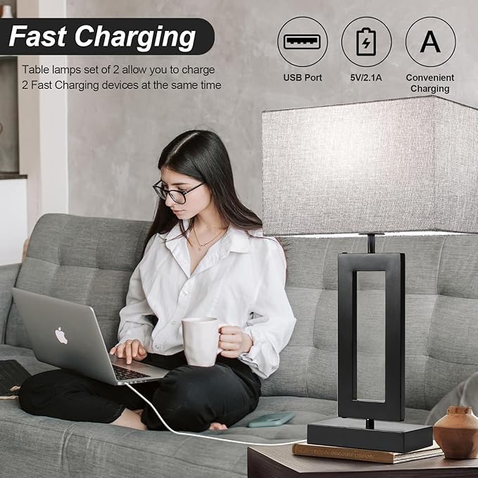 22’’ Tall Set of 2 Touch Control Table Lamp w. 2 USB Ports, 3-Way Dimmable Modern Bedroom Bedside Touch Lamps w. Fabric Gray Shade for Living Room End Table Nightstand Reading