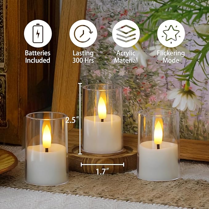8pcs Battery Operated 1.7" x2.5" Clear Acrylic Remote LED Tea Lights, Flameless 2/4/6/8h Timer Fake Ivory Bulk Votive Candles with Batteries, Flickering Warm Light Pure Plastic Tealights
