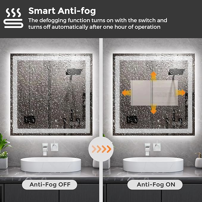 Koonmi 30x30 LED Bathroom Mirror, Backlit + Front Lit, LED Bathroom Mirror with Lights for Wall, 3 Colors, Anti-Fog, Dimmable Brightness, Memory Function, Tempered Glass