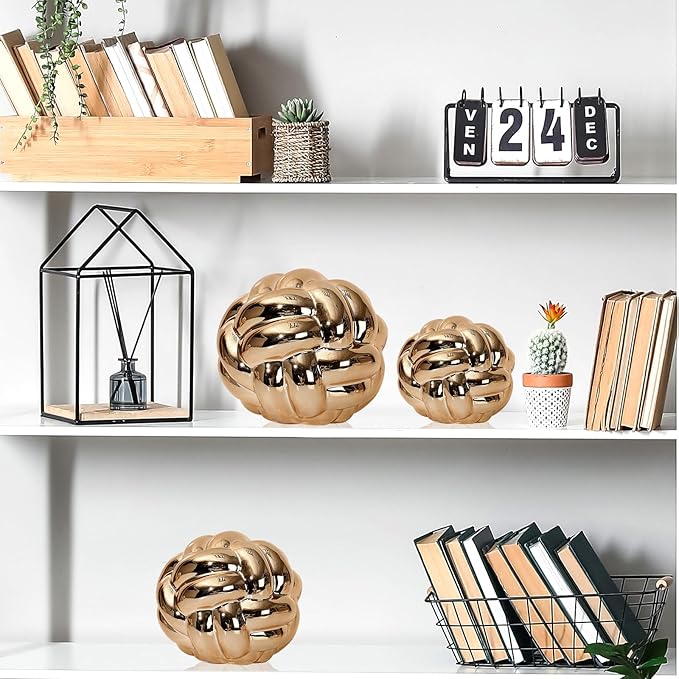 Wenqik Gold 3 Pcs Knot Decor, Chain Link Coffee Table Bookshelf Decor Accents, Entry Table Ceramic Aesthetic Minimalist Decorative Objects for Modern Home Living Room Decoration 3 Sizes