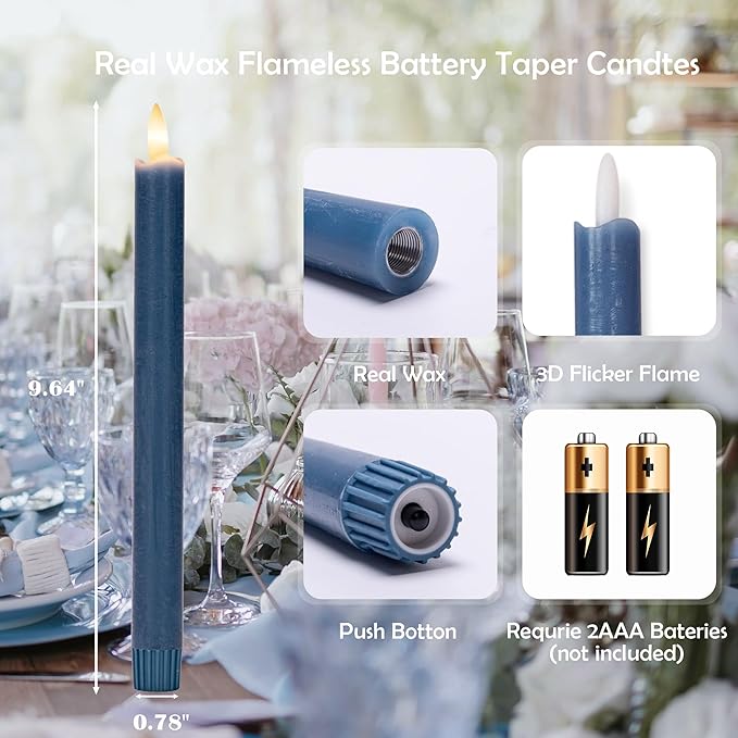 Flameless Taper Candles with Remote, Real Wax Battery Operated LED Candles Set with 3D Flickering Flame, 9.6" Realistic Dripless Candlesticks for Wedding Home Decor, 3 Pack Blue