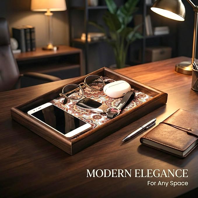 Zosenley Wooden Valet Tray with Leather Base - Nightstand Catchall Organizer for Cologne, Perfume, Keys, Wallet, Phone, Watch, Jewelry & Sunglasses (Bohemian)