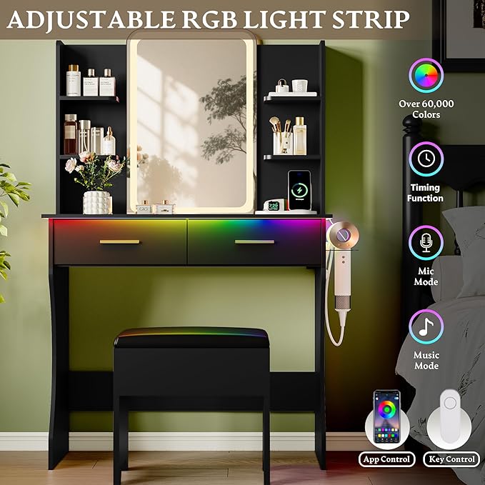 Makeup Vanity Desk with Mirror & Lights, Small Vanity Table Set for Girls with Chair & Power Outlet, Modern Dressing Table with 2 Drawers & 4 Storage Shelves, Adjustable RGB Lighting - Black
