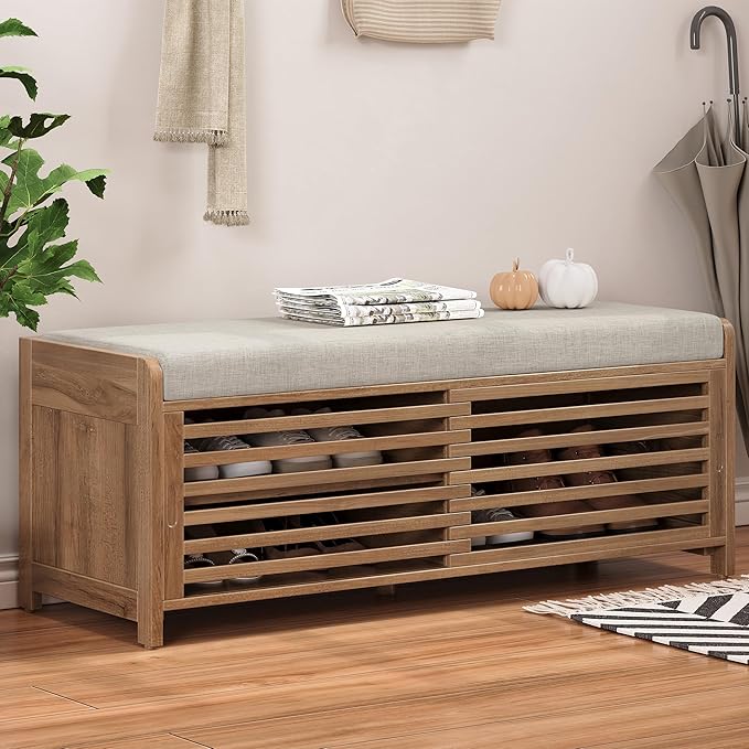 Amposei Modern Classic Storage Bench 43.3-Inch Wooden Entryway Shoe Storage Bench Cabinet with Removable Seat Cushion & Sliding Shutter-Style Doors for Living Room Entrance Hallway, White Washed