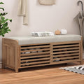 Amposei Modern Classic Storage Bench 43.3-Inch Wooden Entryway Shoe Storage Bench Cabinet with Removable Seat Cushion & Sliding Shutter-Style Doors for Living Room Entrance Hallway, White Washed