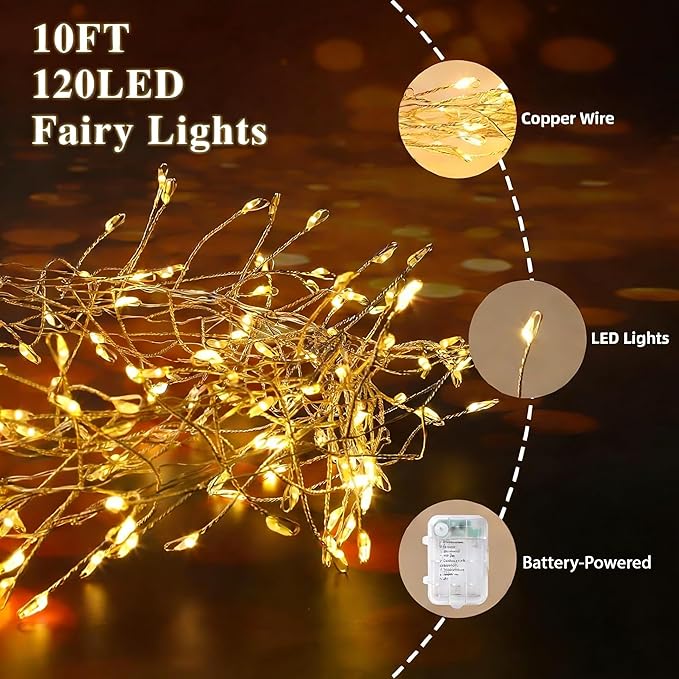 Firecracker Fairy String Lights 2 Pack 10 FT 120 LEDs, Warm White Battery Operated Twinkle Cluster Lights with Romte & 8 Modes, Waterproof for Mirror, Headboard, Table Decor, Wreath, Indoor Party