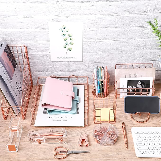 Yaomiao 13 Pcs Desk Accessories Set Kit Organizer Office Supplies Teacher Women School Gift Acrylic Stapler Staple Remover Tape Holder Pen Cup Magazine File Letter Clip Phone Holder Scissor(Rose Gold)