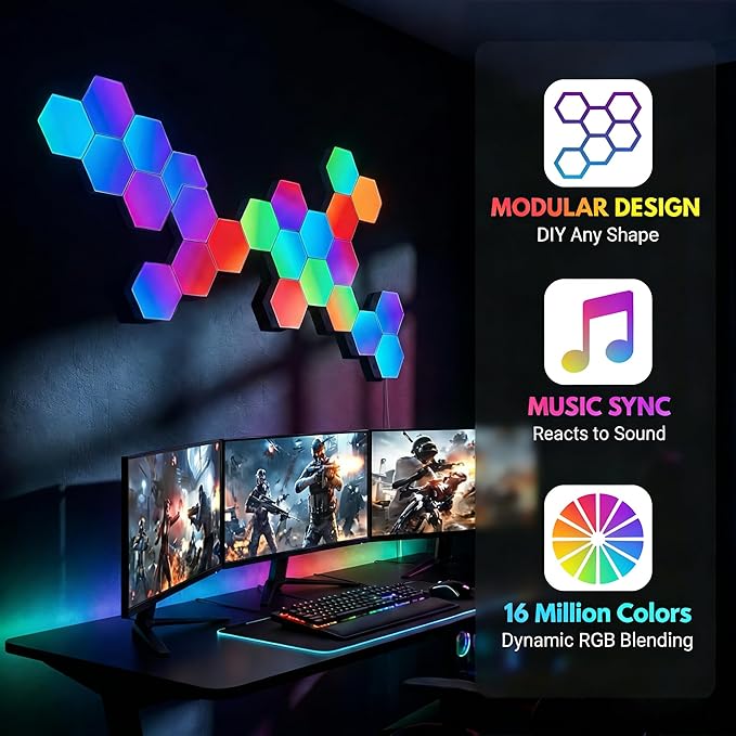 TISOFU Hexagon LED Lights - Big Hexa RGB Wall Panels 8 Pack, Wi-Fi Smart Home Creative Wall Light with Music Sync & APP, Works with Google Assistant & Alexa for Gaming Decor, Bedroom, Gift
