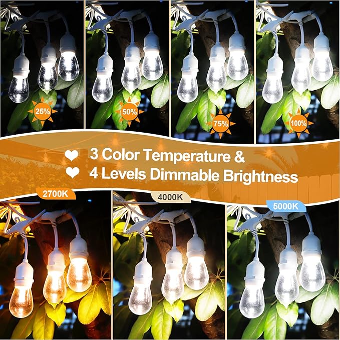 Mlambert 96FT(2x48FT) 3-Color in 1 Dimmable Solar String Lights Outdoor, Remote Patio String Lights with 30+5 LED Bulbs for Pergola Outside-White Cord