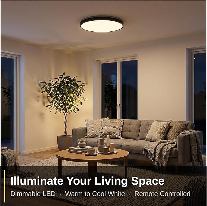 HOREVO 16inch 36W LED Ceiling Lamp Black Flush Mount Ceiling Light Fixture with Bluetooth Speaker with Remote Control, RGB Color Changing,for Living Room, Dining Room, Bedroom, Office