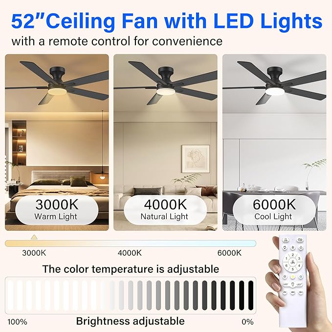52 Inch Ceiling Fans with lights,RGB Low Profile Ceiling Fan with Light and Remote Control,APP,Black Flush Mount Ceiling Fans for Small Bedroom,Patio,Porch,Outdoor Indoor Use,5 Blades,Dimmable,Quiet