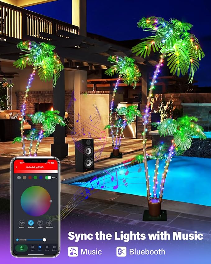 7FT Smart Lighted Palm Tree - App & Remote RGB LED with Music Sync, 3 Trunks DIY Color Changing Artificial Palm Tree, Dimmable Timer Pre-Lit Faux Tree for Outdoor Patio Poolside Tiki Bar Party Decor