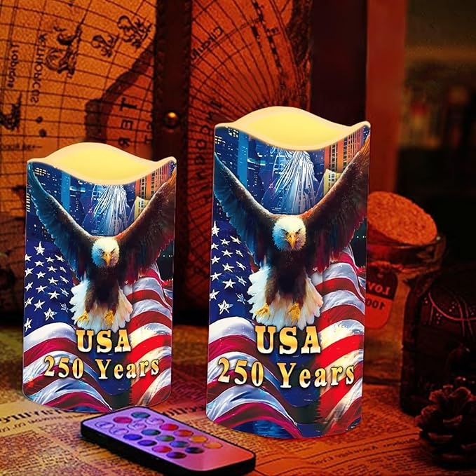 American Flag Fake Candles Bald Eagle Fourth of July LED Candle Battery Operated Flickering Remote 250th Anniversary Patriotic Decor for Bedroom Wedding Restaurant, 4 Pack