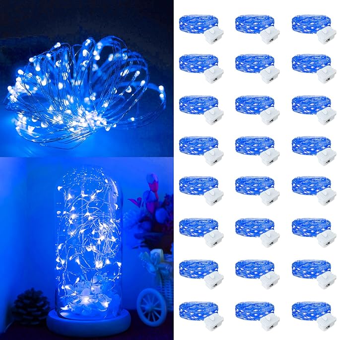 24Pack Fairy Lights Battery Operated, 7ft 20 LED 3 Modes Speed Twinkle Mini String Lights Waterproof Silver Wire Firefly Starry Lights for Mason Jars Wedding Party Christmas Decorations