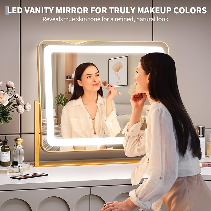 19.6 in x15.7 in Vanity Mirror with Lights, Large Lighted Mirror, LED Makeup Mirror with 3-Color Dimmable Modes and Smart Touch Control, Perfect for Desk or Bedroom, Vanity Desk Tabletop Makeup, Gold