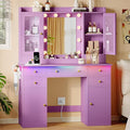 Makeup Vanity Desk with Mirror and Lights, Purple Vanity Table Set with Storage Drawers, Charging Station & Cabinets, Large Dressing Table with RGB Ambient Light for Women Girls Bedroom Bathroom