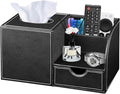 Nightstand Organizer with Tissue Holder,PU Leather Square Tissue Box Cover,Modern Facial Paper Organizer Storage Box for Remote Control,Bathroom,Vanity Countertop,End Table Home Office.Black