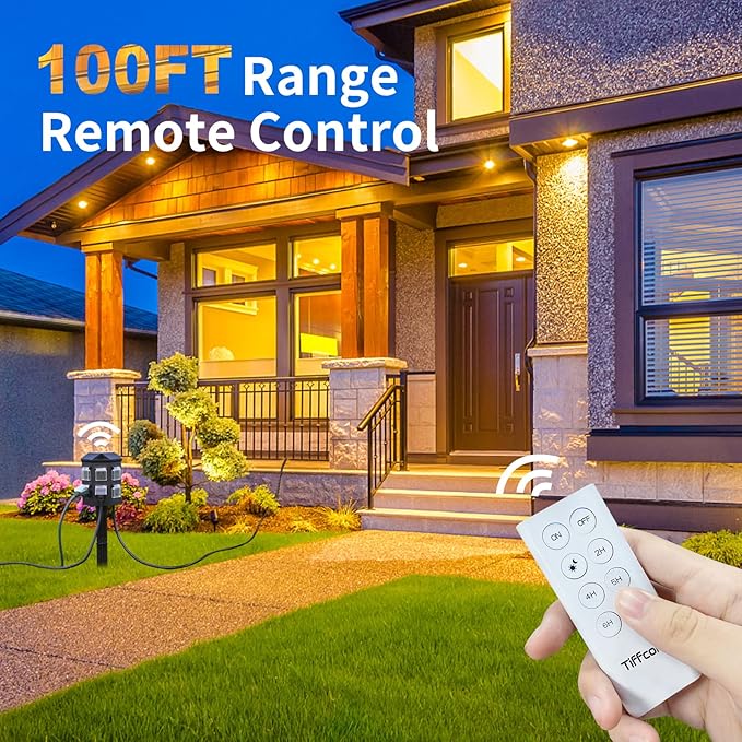 Outdoor Power Strip with 100FT Extension Cord, 100FT Remote Control, Dusk to Dawn Light Timer Waterproof, 6 Grounded Outlets for Yard, Pool and Garden, ETL Listed