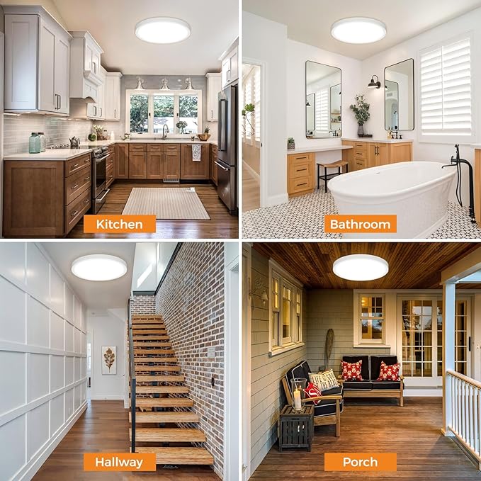 1PACK LED Flush Mount Ceiling Light Fixture, 3000K-4000K-6500K & 100W Equivalent Modern Kitchen Ceiling Lamp 24W 3200Lm 12 Inch Closet Round Surface for Bathroom Laundry Bedroom Hallway