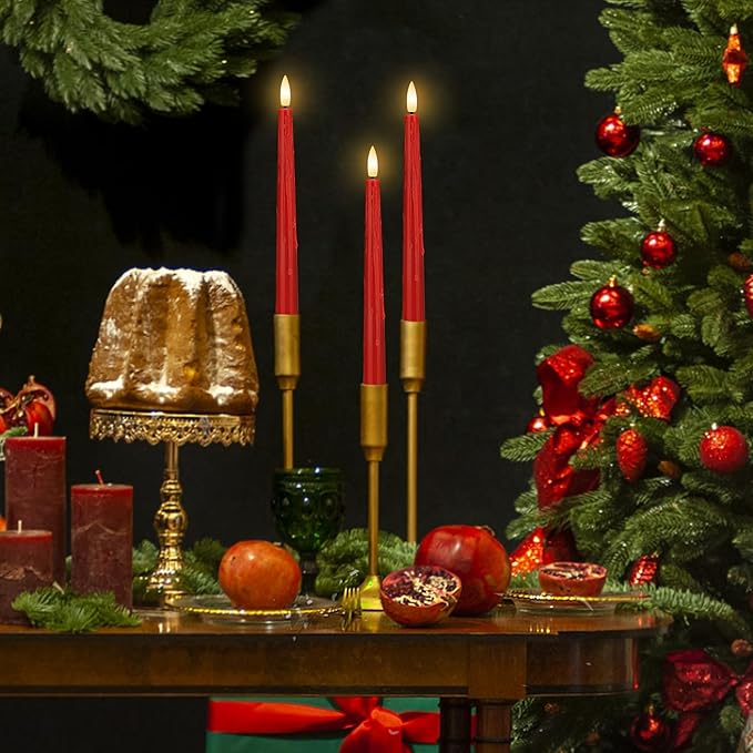 Red Flameless Taper Candles with Timer, 2 Pack Christmas Battery Operated Taper Candles, Flickering Realistic LED Candlesticks for Xmas Decor, Wedding, Party