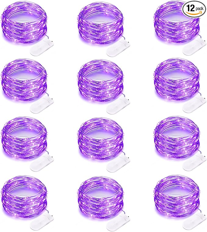 12 Pack Purple Halloween Lights Battery Operated String Lights 7 Feet 20 Led Fairy lights Waterproof Mini Lights Silver Wire for DIY Indoor Outdoor Xmas Bedroom Holiday Halloween Party Decorations