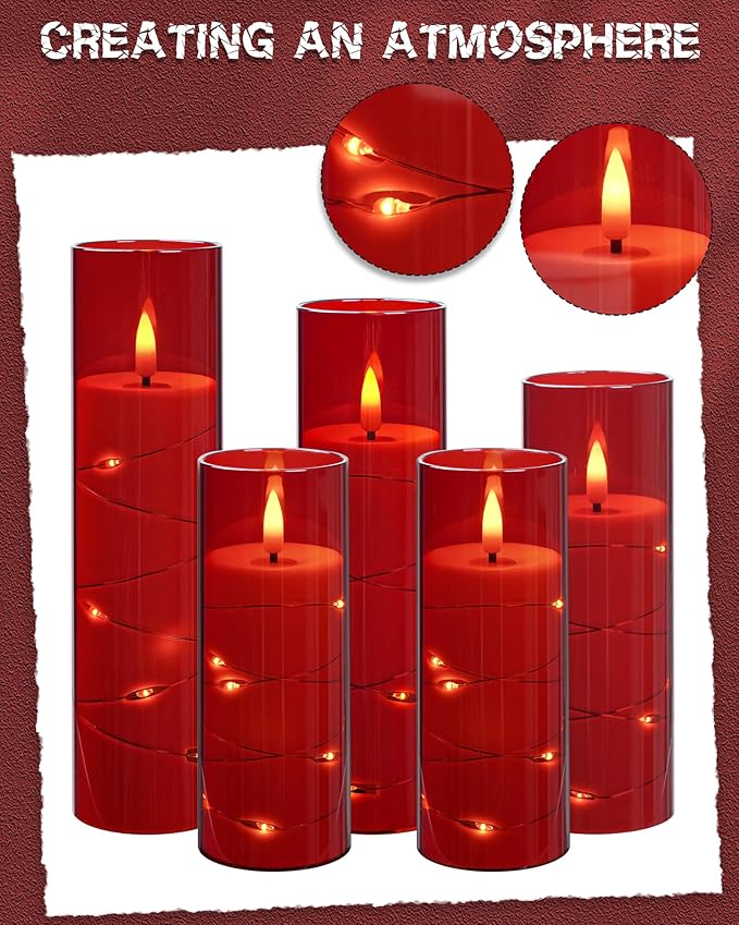 Da by Flameless Candle Light, Battery Candle with recessed String Light, 5 flameless Candles with 11-Key Remote Control, 24-Hour Timer Function, red