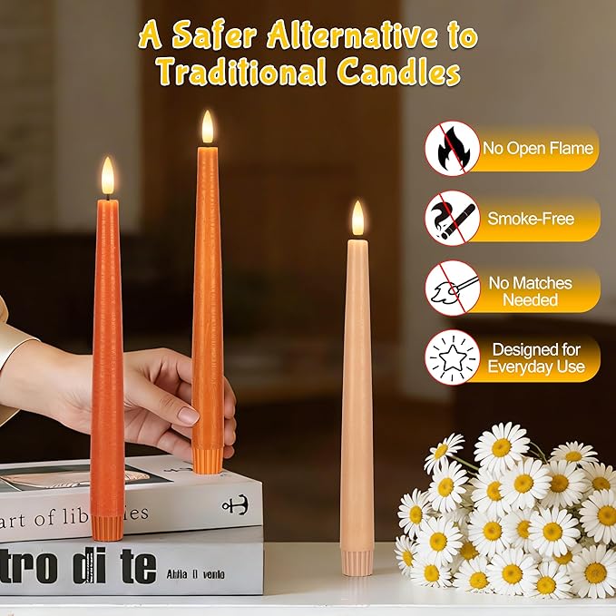 Flameless Taper Candles with Remote, 9.6" Battery Operated Flickering LED Candlesticks, Real Wax Warm Earth Tone Taper Candles for Wedding Centerpieces, Dinner Table, Mantel, Window, 3 Pack