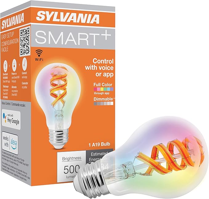 Sylvania WiFi LED Smart A19 RGBW Color and Amber Finish Filament Light Bulb, 7W Efficient, for Alexa/Google Assistant, 2000K, No Hub Required, Clear - 1 Pack (75807)