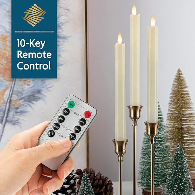 Real Wax Flameless Taper Candles with Remote Timer,Battery Operated LED Candles Set with 3D Flickering Flame,9.6" Ivory Realistic Dripless Candlesticks for Wedding Home Decor,6 Pack
