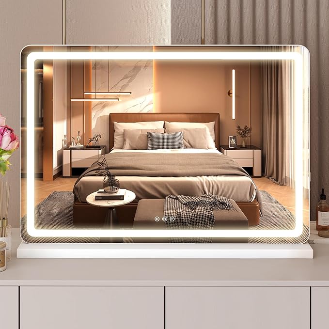 NEWBULIG 23"x32" LED Vanity Mirror with Lights, Lighted Tabletop Makeup Mirror, Touch Control Dimmable Brightness, 3 Color Lighting Modes