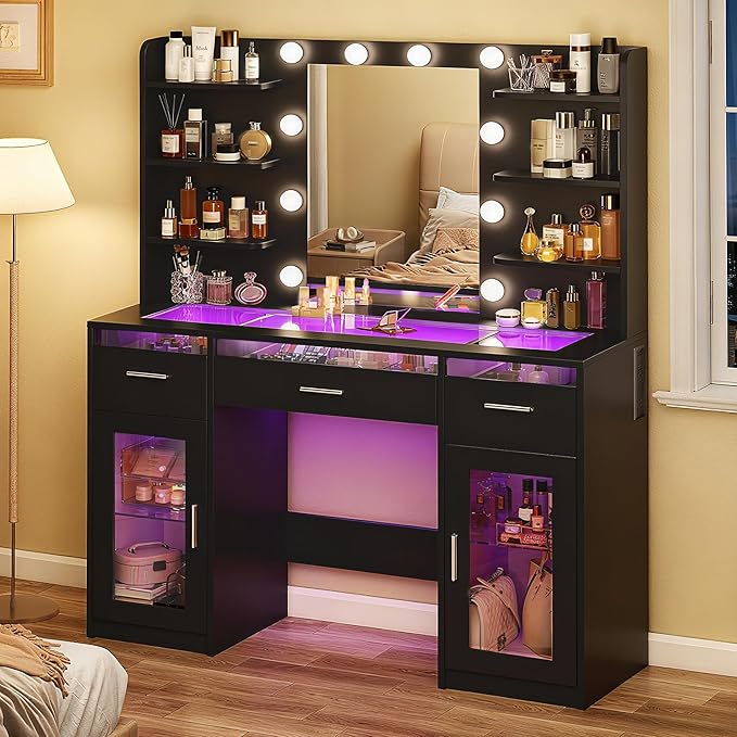 Vanity Desk, Makeup Vanity Desk with Mirror and Lights 3 Colors, Transparent Top with 3 RGB Drawers, 6 Shelves, 2 Large Tempered Cabinets, Power Outlet, for Bedroom, Black