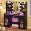 Vanity Desk, Makeup Vanity Desk with Mirror and Lights 3 Colors, Transparent Top with 3 RGB Drawers, 6 Shelves, 2 Large Tempered Cabinets, Power Outlet, for Bedroom, Black