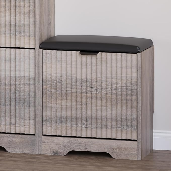 Slim Shoe Cabinet with Bench for Entryway, Hidden Storage and Adjustable Shelves, Free Standing Wooden Shoes Organizer for Hallway, Foyer