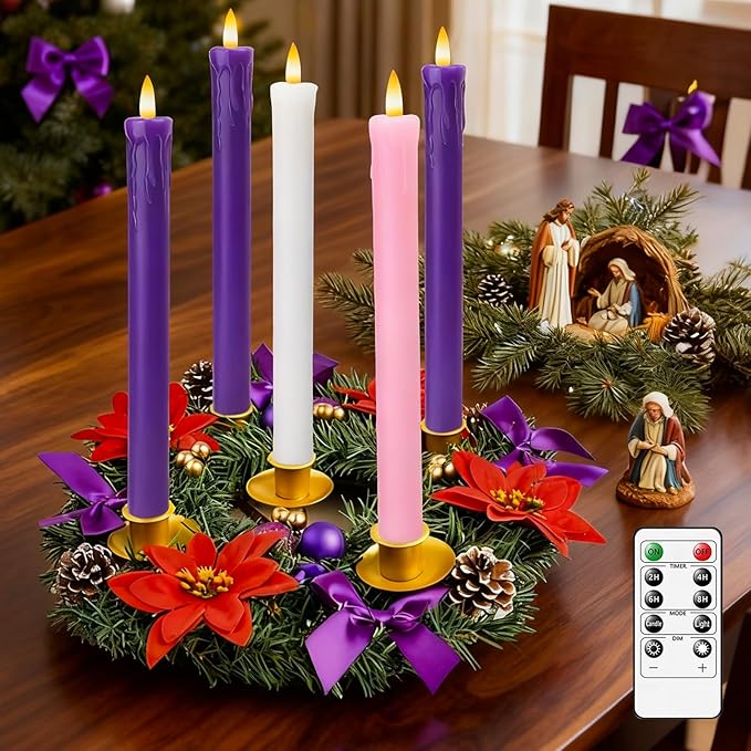 Lezonic Flameless Advent Candles Battery Operated with Remote, Set of 5 Wax Christmas Taper Nativity Candles, LED Advent Wreath Candles for Church Home Christian Decor, 3 Purple & 1 Pink & 1 White