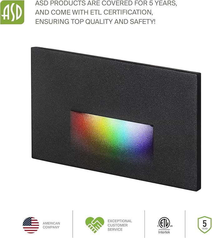 ASD LED Recessed Step Light Fixture, Outdoor & Indoor Tread Lighting | RGBW, Smart, Waterproof, ETL Listed | 3W 60LM RGB-2700K-6500K 120V | Staircase Hardwired Illumination | Black, 24 Pack