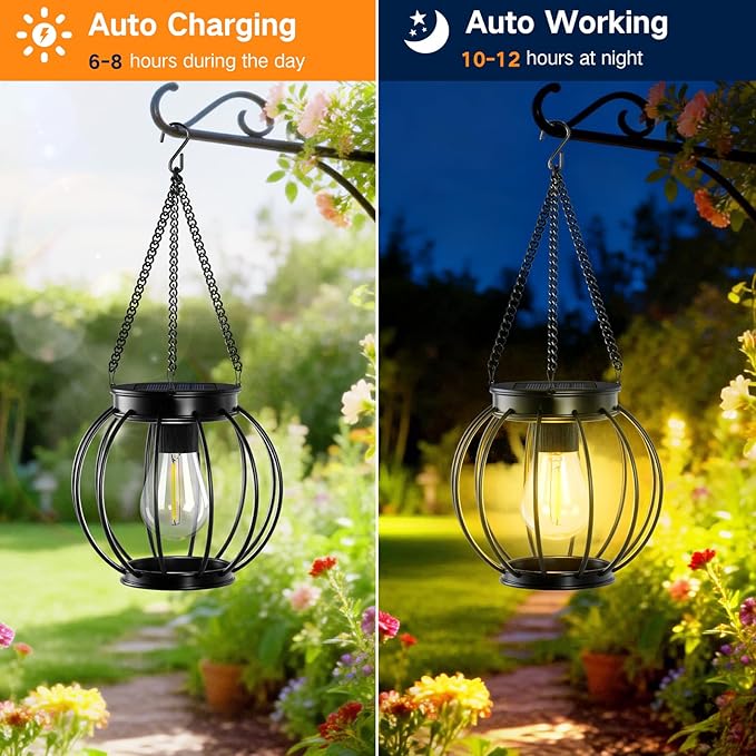 Outdoor Solar Lanterns, Waterproof Metal Hanging Lights with Warm White LED, Auto On/Off, Upgraded Brighter Decorative Lanterns for Garden Patio Yard Porch, Gifts for Women Mom, 4 Pack