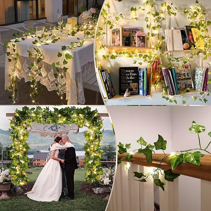 Vine with Fairy Lights Rechargeable, 6.56ft Ivy Leaf with 20 LED, 8 Mode and Timer USB Removable Battery Compartment Twinkle String Light for Indoor/Outdoor, Wedding Party Room Wall Decor, Warm White