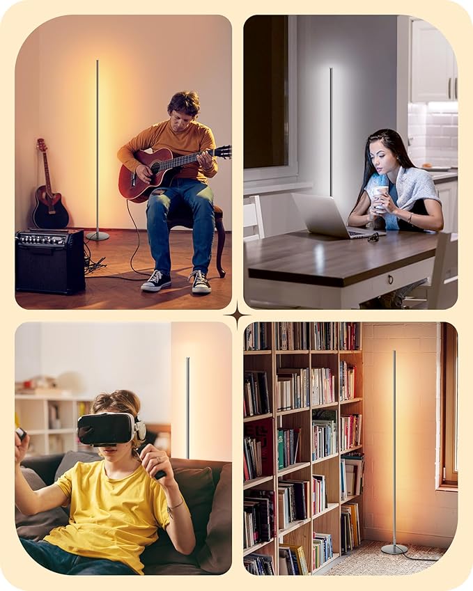 EDISHINE LED Corner Floor Lamp, Minimalist Dimmable Light with Remote, 57.5 Inches Tall Floor Lamps for Living Room, Bedroom, Home Office, 7 Color Temperature 2700-6000K (Silver)