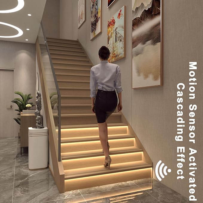 Motion Sensor LED Stair Lights Indoor, Intelligent Stair Case Lights Kit 12 Stairs 40 Inch Interior Step Lights Strip for Stairway (3000K Warm White Staircase Lighting)
