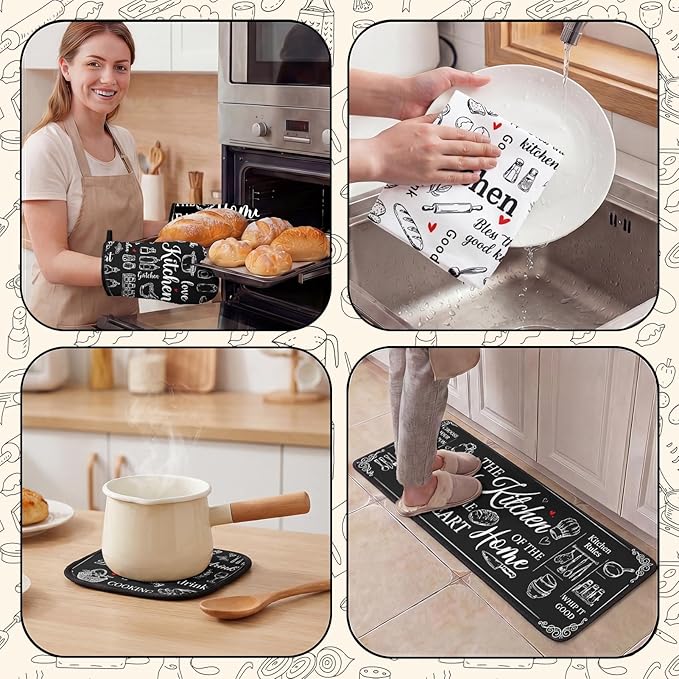 Black and White Kitchen Decor Set 10 Piece - Chalkboard Art Baking Theme Kitchen Rugs, Oven Mitts, Pot Holders and Towels - Modern Farmhouse Kitchen Rules Accessories