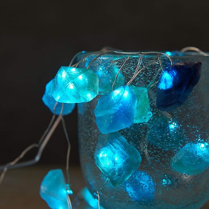Natural Fluorite LED String Lights for Bedroom 6.5 FT USB/Battery Operated Blue Fairy Lights Sea Glass Crystal Decor Perfect Decorative Light for Bedroom Sea Glass Christmas Tree Kit