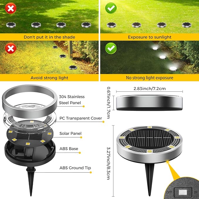 2 Pack Solar Ground Lights Outdoor, 8 LED Mini Flat Solar Disk Lights, IP65 Waterproof Anti-Rust Disc Light, Landscape Lighting for Garden Pathway Yard Walkway Driveway Lawn,Cool White