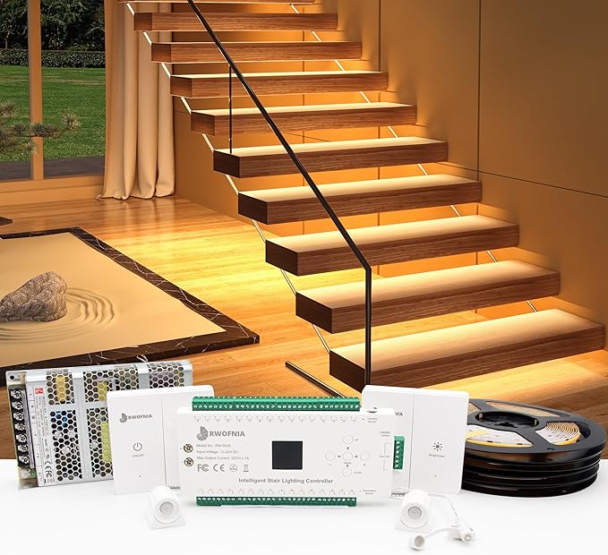 RW-5630 Motion-Activated LED Stair Lighting Kit with Daylight Sensor, 48" Warm White 3000K Cuttable Strip Light for Indoor LED Stair Lights (12 Steps)
