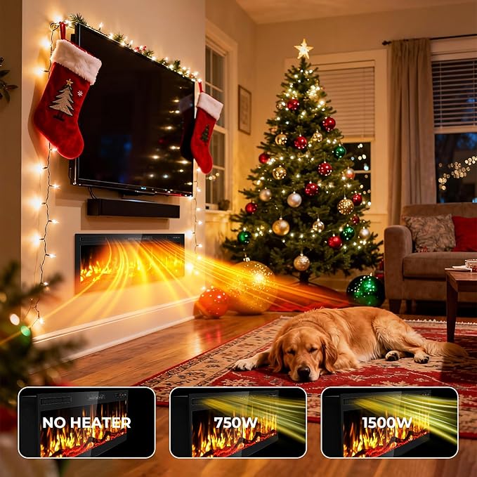 42" Smart WiFi Electric Fireplace with Sound Crackling Narrow Bezel Recessed and Wall Mounted Fireplace Heater with App, Remote Control, Log Flame Option, 750/1500W