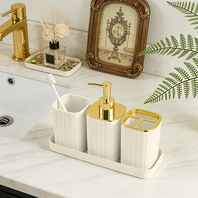 Bathroom Accessories Set-9PC Set, Complete Bathroom Decor & Home Decor, Bathroom Set with Toilet Brush, Trash Can, Soap Dispenser,Modern Home Bath (Beige&Gold, Bath Set)